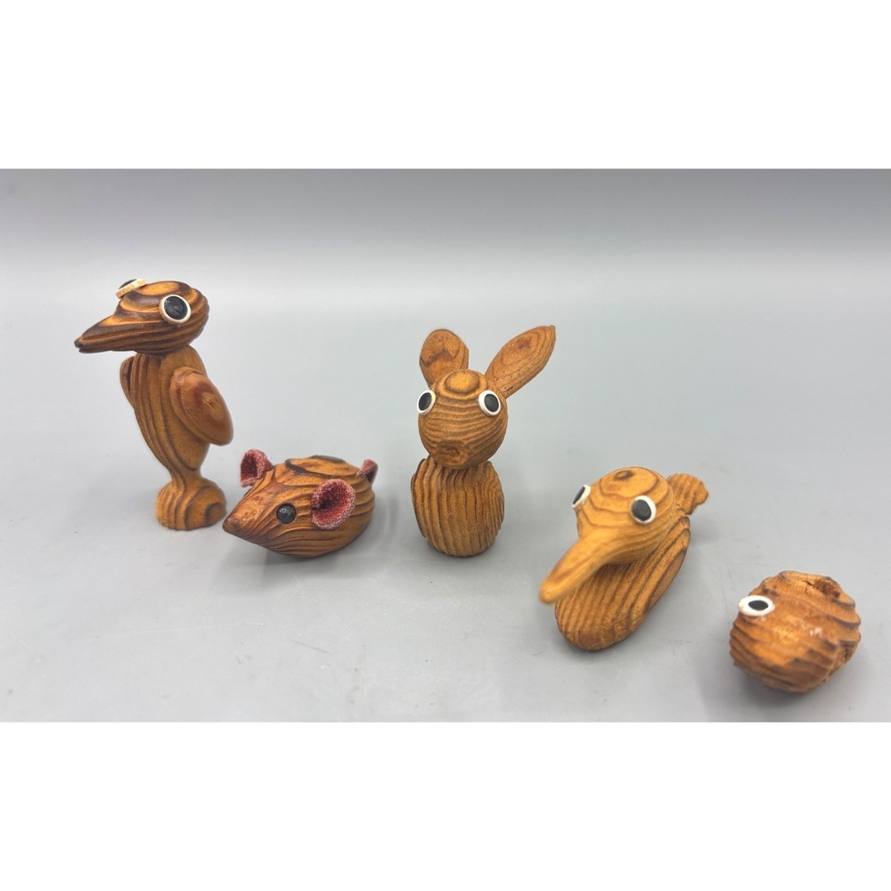 Vintage MCM Hand Carved Wood Animal Figurines Set 5 Korea Bird Mouse Rabbit Duck
